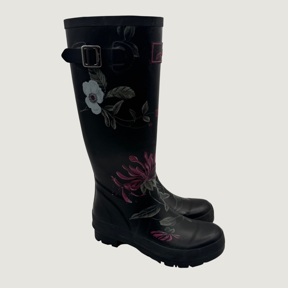 Joules Welly Print Black Floral Tall Rain Boots Women Size 6 JOU311A